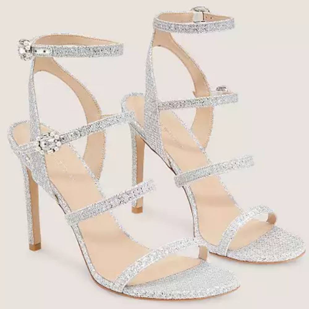 Stuart Weitzman Sparkly Silver Gladiator Heel Strappy Stiletto Sandals Size 6